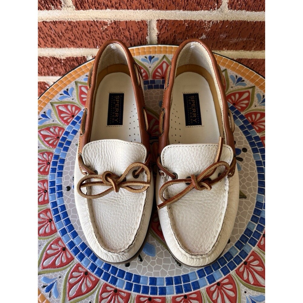 Sperry Top Sider Womens 6 White Tan Leather Boat Dock Loafer Shoes 9194150